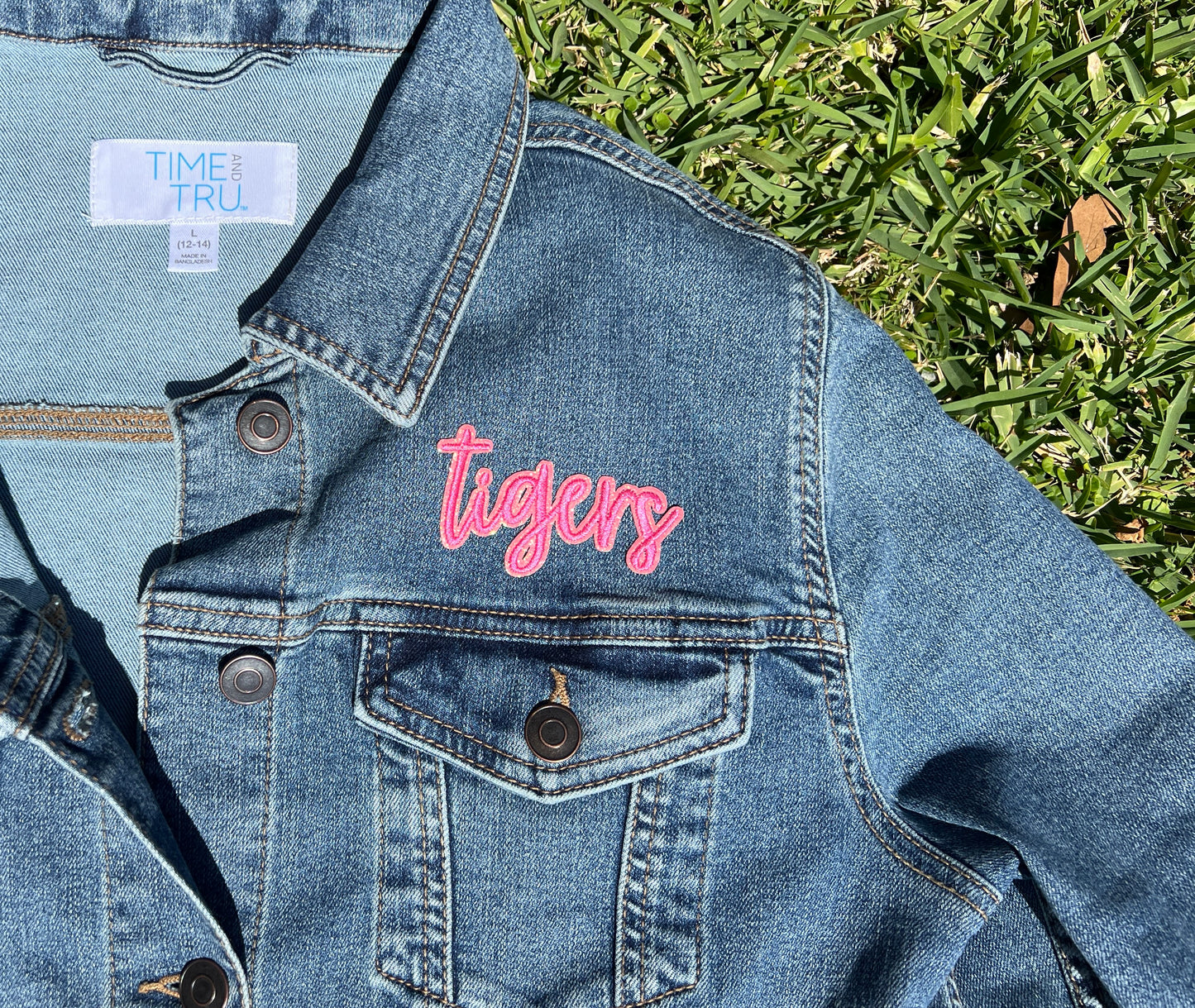 Women's Fit Tigers Pink Logo Blue Jean Denim Jacket with Sequin Patches