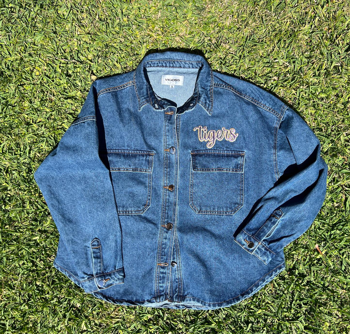 Women's Fit Tigers Purple Logo Blue Jean Denim Jacket with Sequin Patches
