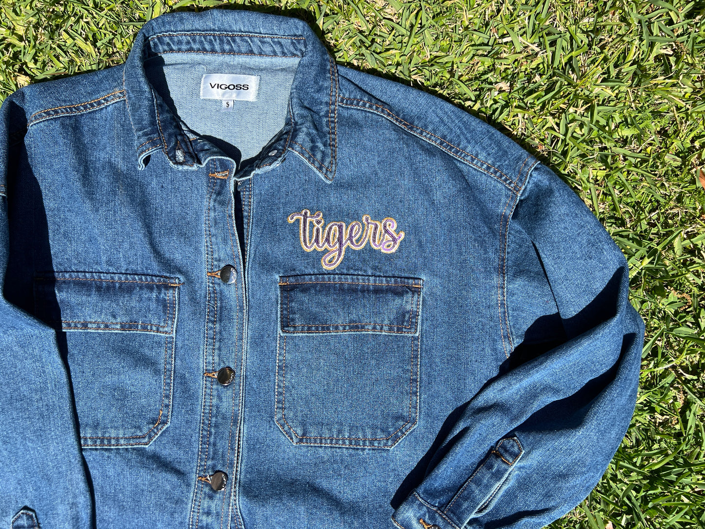 Women's Fit Tigers Purple Logo Blue Jean Denim Jacket with Sequin Patches