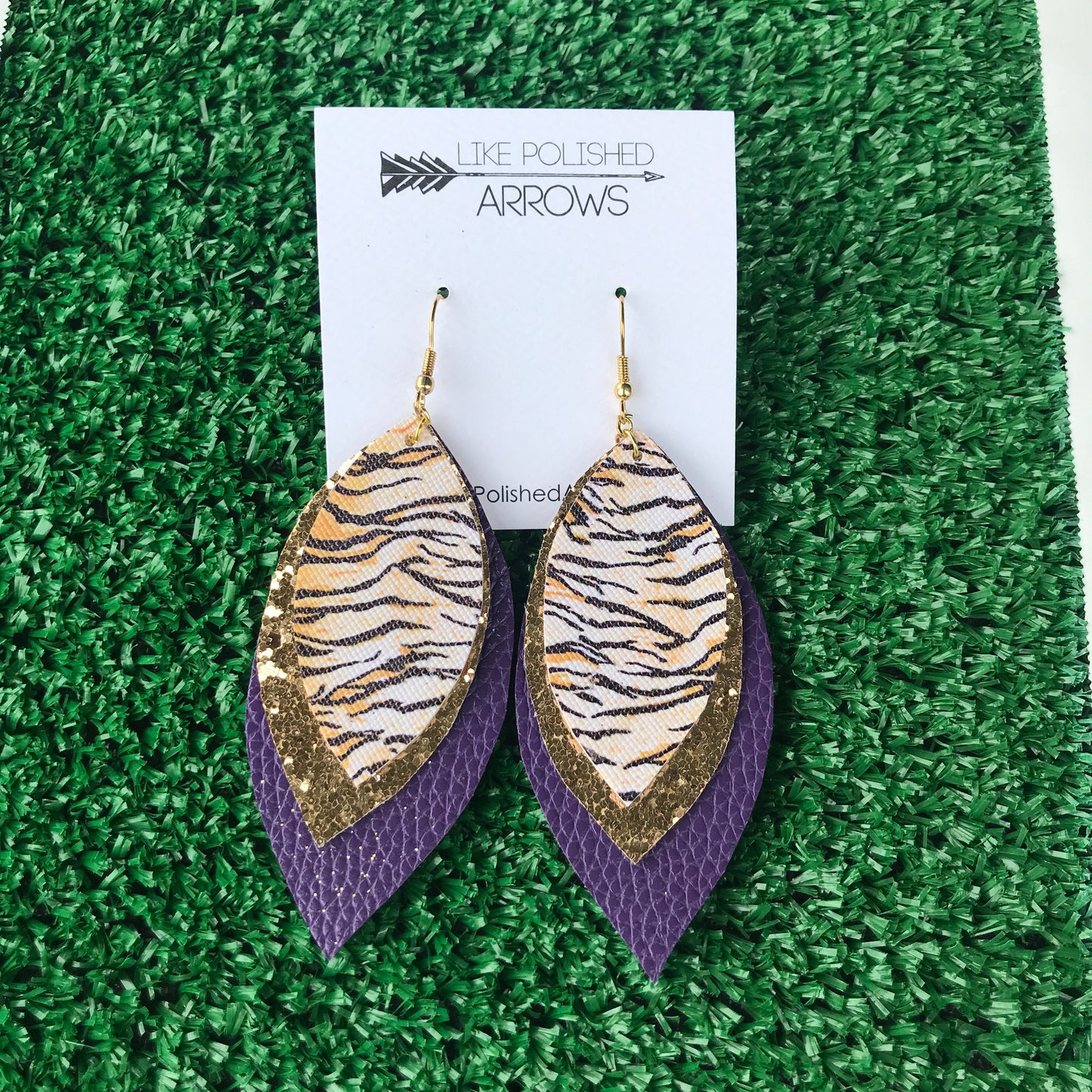 Purple and Gold Faux Leather Triple Layer Feather Earrings