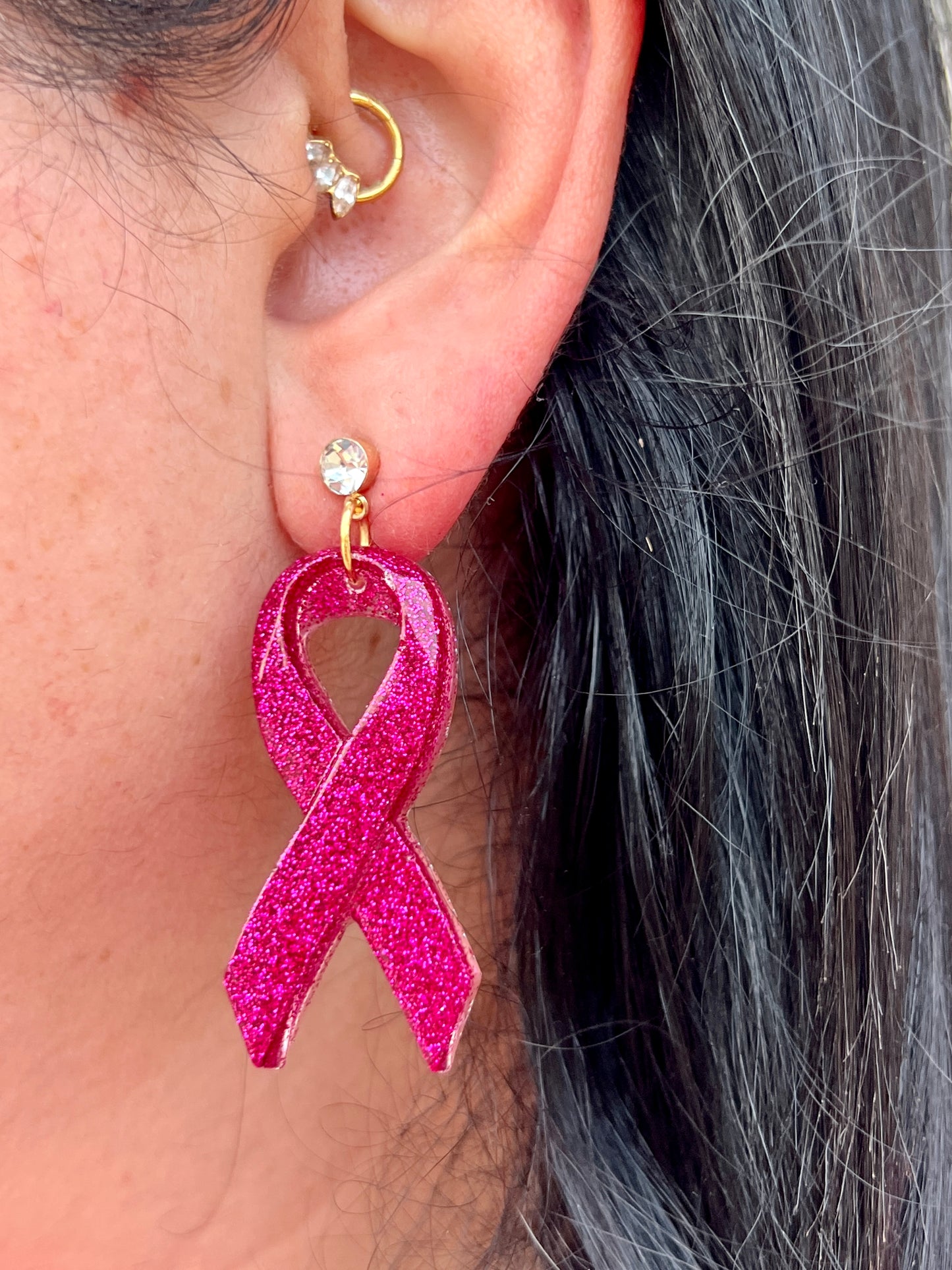 Pink October Breast Cancer Ribbon Earrings