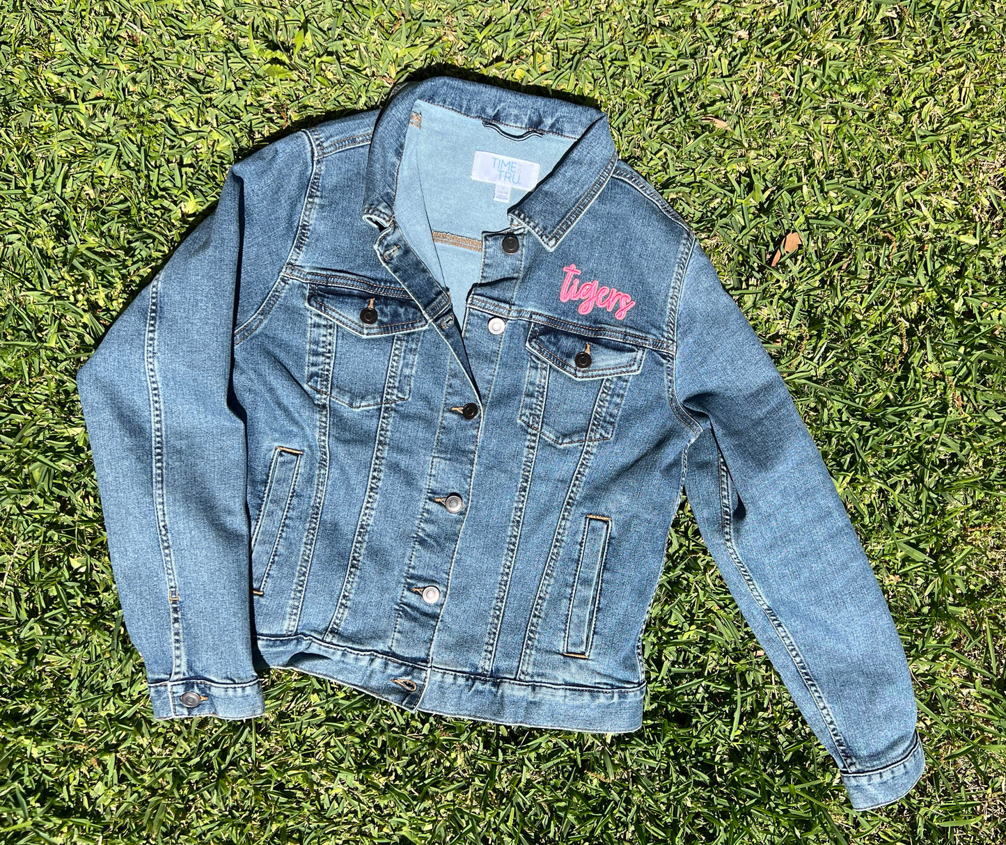 Women's Fit Tigers Pink Logo Blue Jean Denim Jacket with Sequin Patches