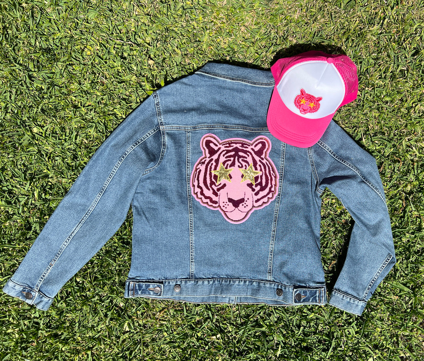 Women's Fit Tigers Pink Logo Blue Jean Denim Jacket with Sequin Patches