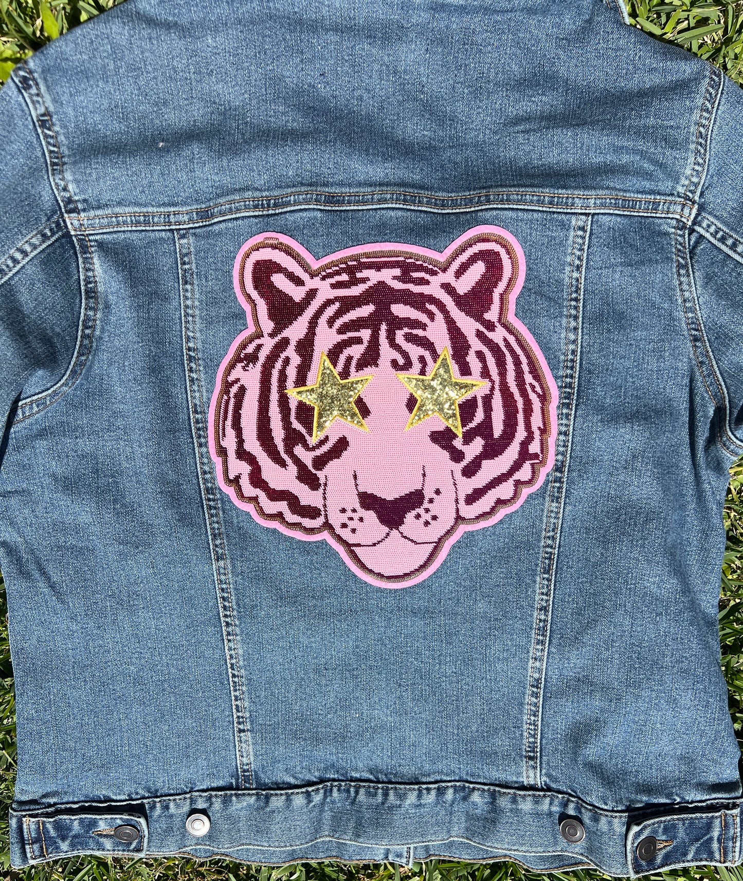 Women's Fit Tigers Pink Logo Blue Jean Denim Jacket with Sequin Patches