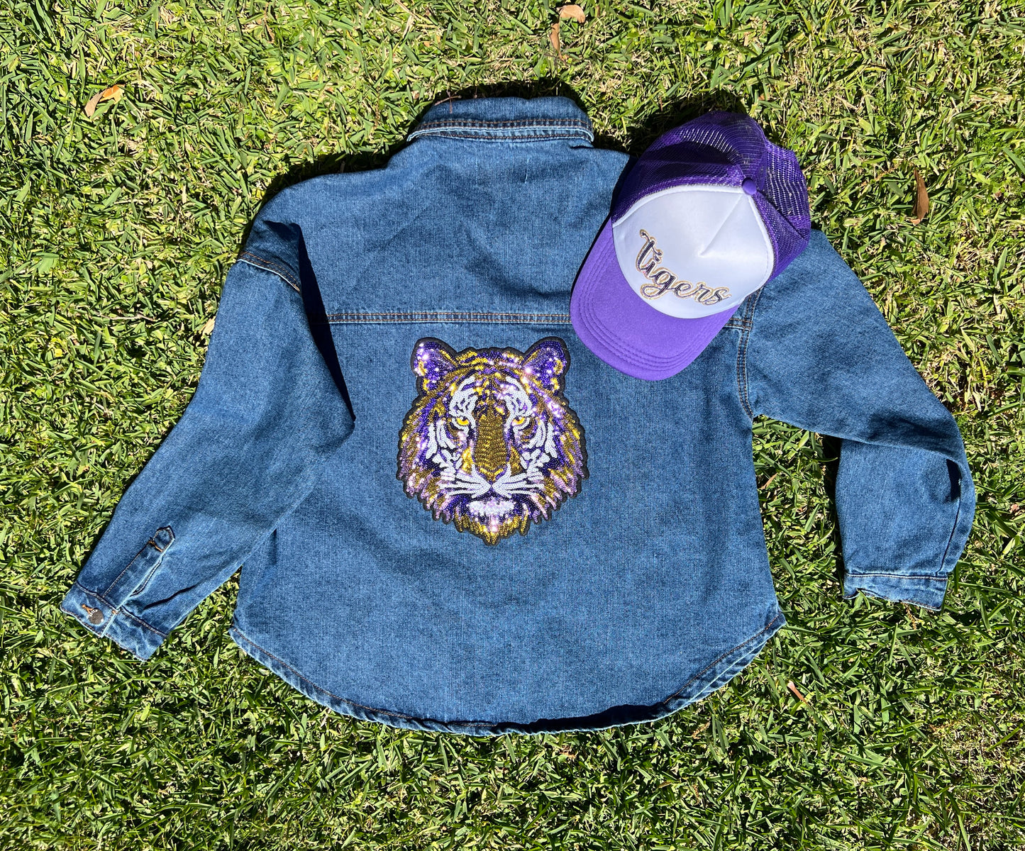 Women's Fit Tigers Purple Logo Blue Jean Denim Jacket with Sequin Patches
