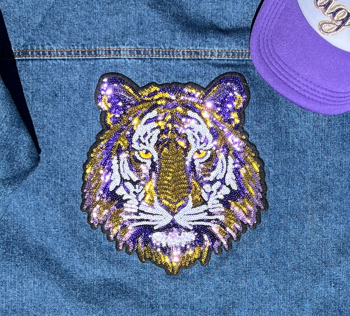 Women's Fit Tigers Purple Logo Blue Jean Denim Jacket with Sequin Patches