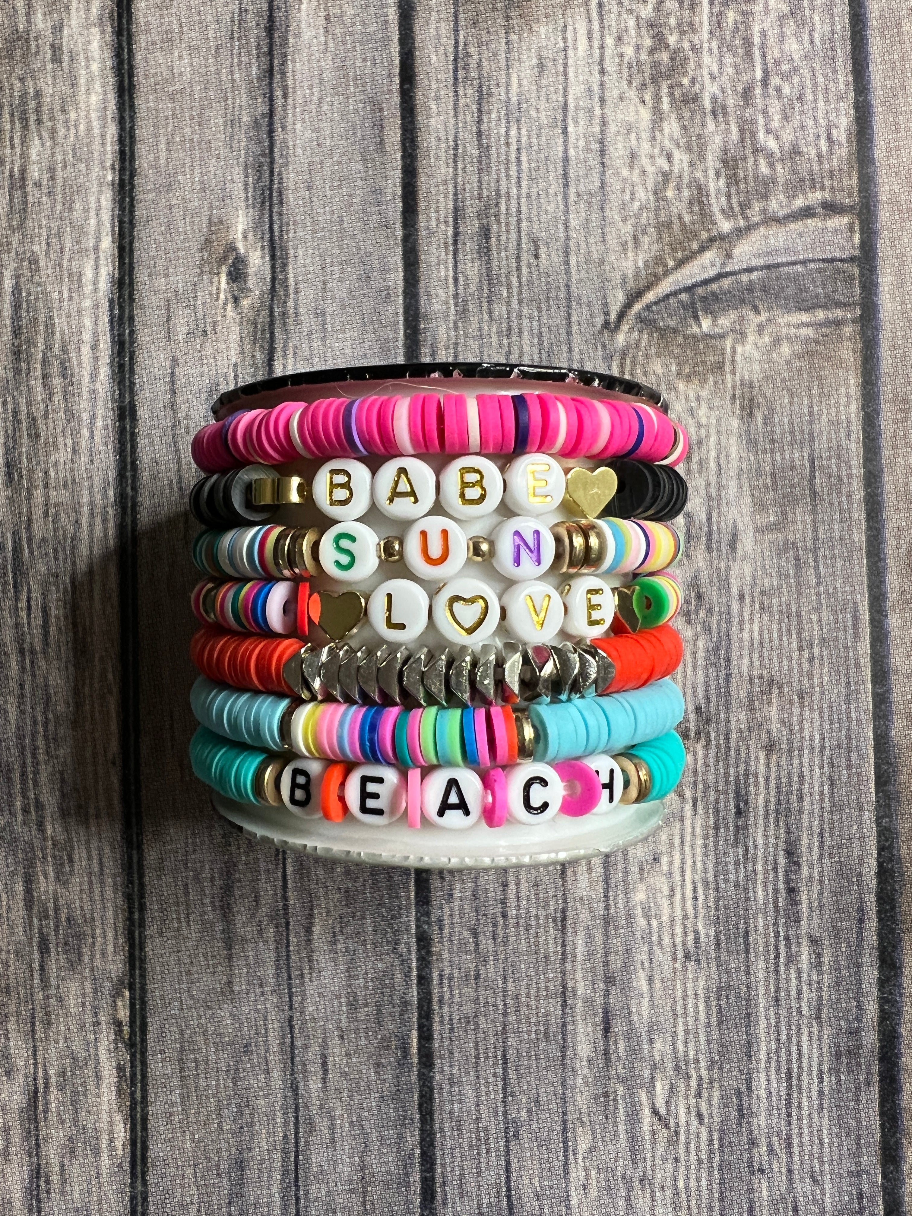 Wholesale Women Fashion Letters Beads Chain Polymer Clay Four-Leaf Clover  Multicolor Egg Multilayer Bracelet Set