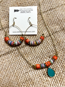 Teal/Orange Disc Bead Pendant Earring and Necklace Set