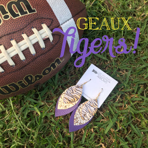 Purple and Gold Faux Leather Triple Layer Feather Earrings