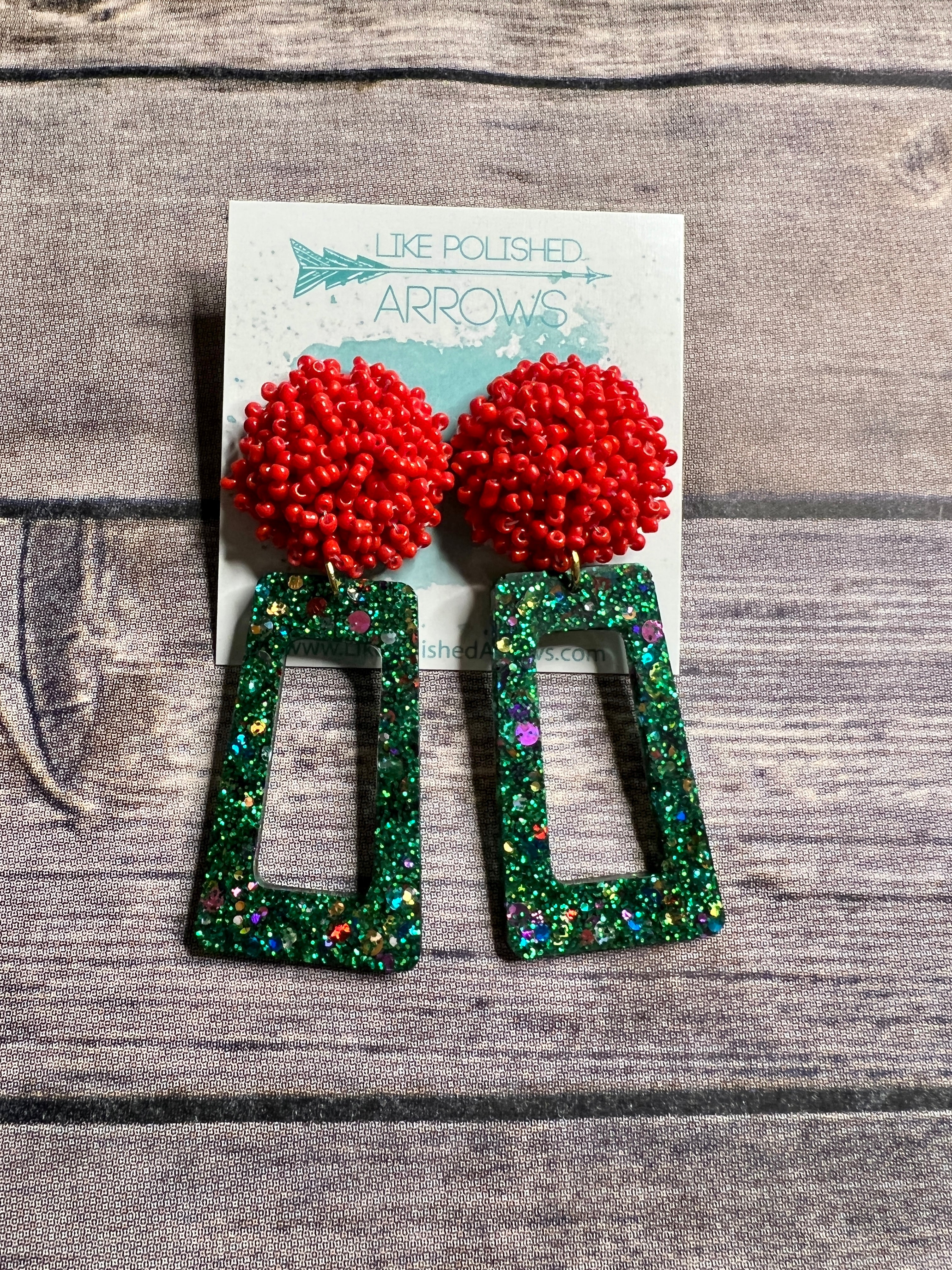 Cluster Bead Green Resin Rectangle earrings