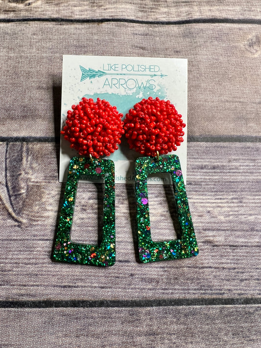 Cluster Bead Green Resin Rectangle earrings