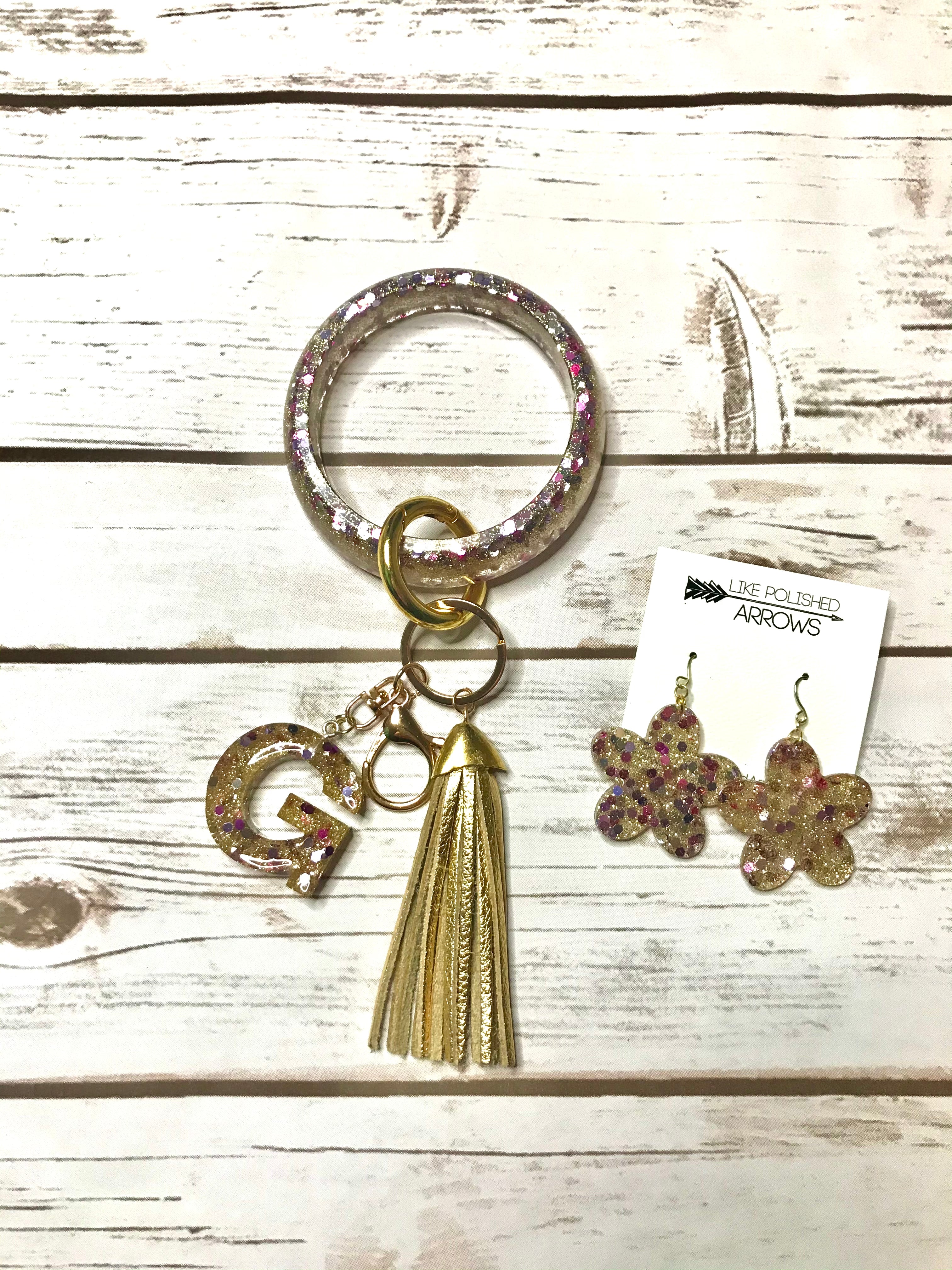 Purple and Gold Foil Resin Keyring Bangle with Initial and Tassel