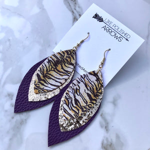 Purple and Gold Faux Leather Triple Layer Feather Earrings
