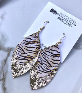 Purple and Gold Faux Leather Double Layer Feather Earrings