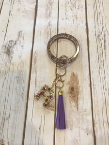 Purple and Gold Foil Resin Keyring Bangle with Initial and Tassel