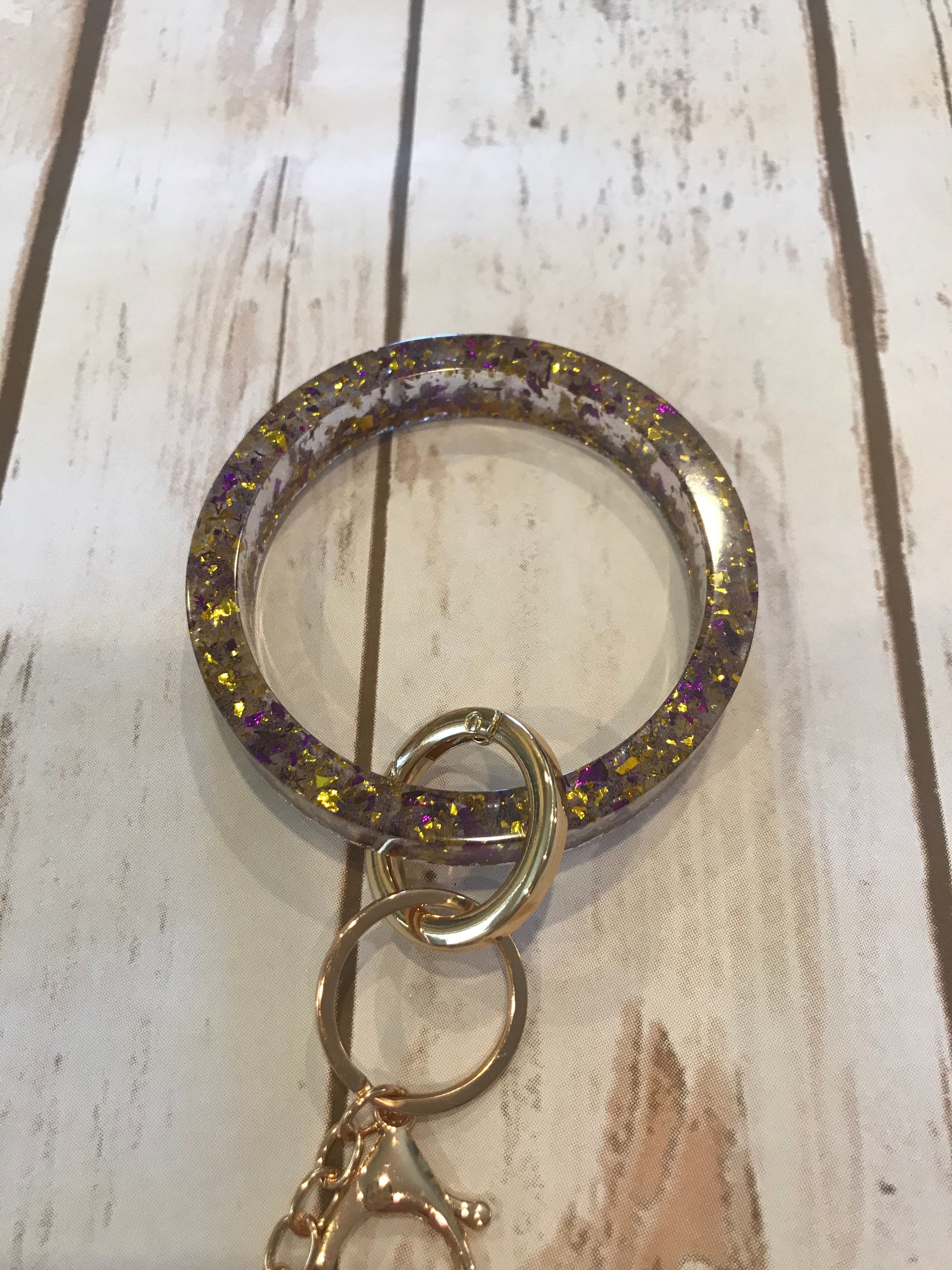 Purple and Gold Foil Resin Keyring Bangle with Initial and Tassel