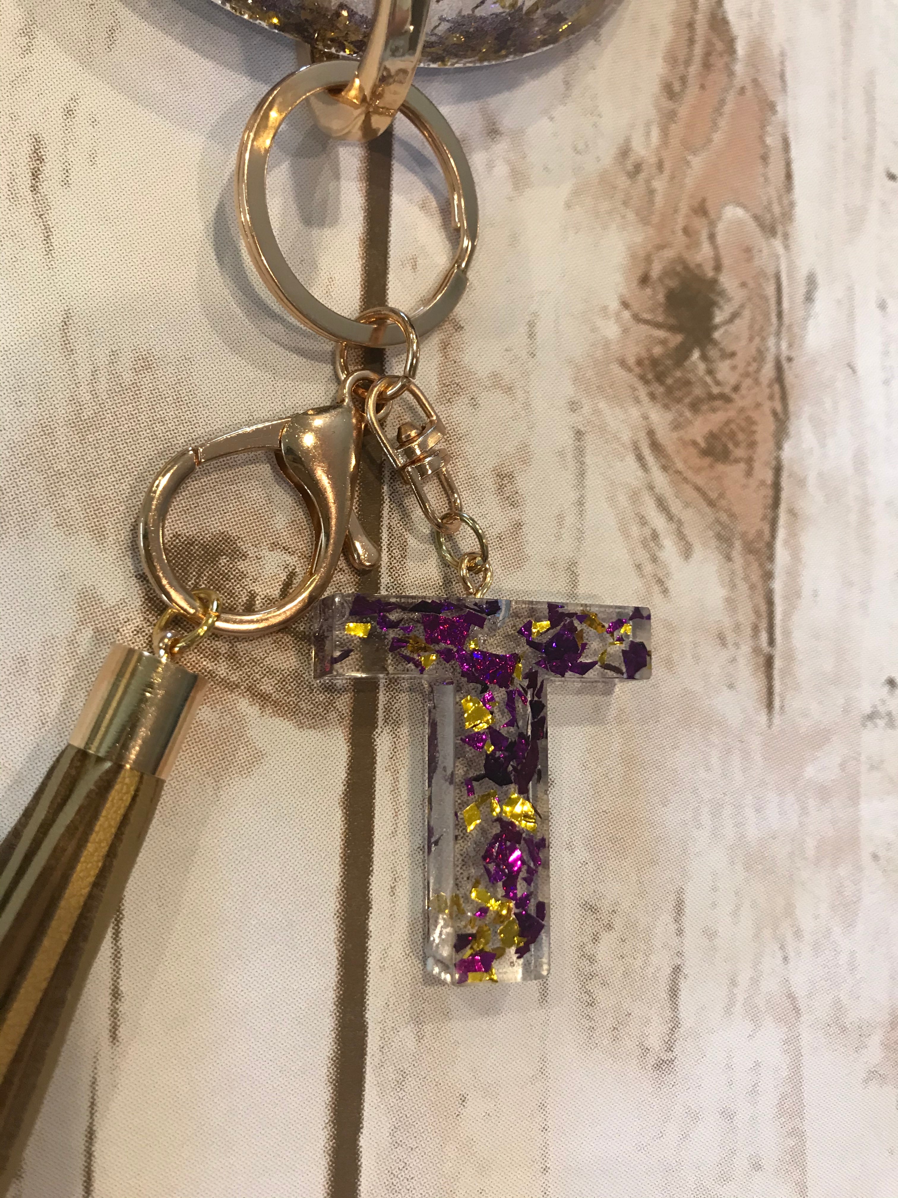 Purple and Gold Foil Resin Keyring Bangle with Initial and Tassel