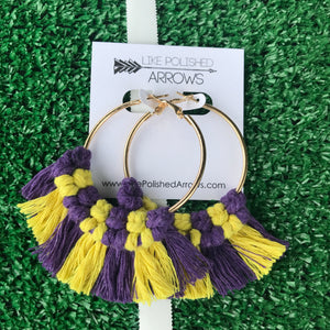 Purple and Gold Macrame' Hoop Earrings
