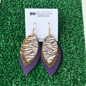 Purple and Gold Faux Leather Triple Layer Feather Earrings