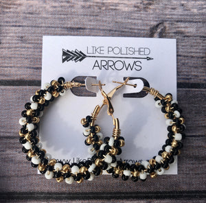 Black and Gold Saints Bead Wrapped Hoops