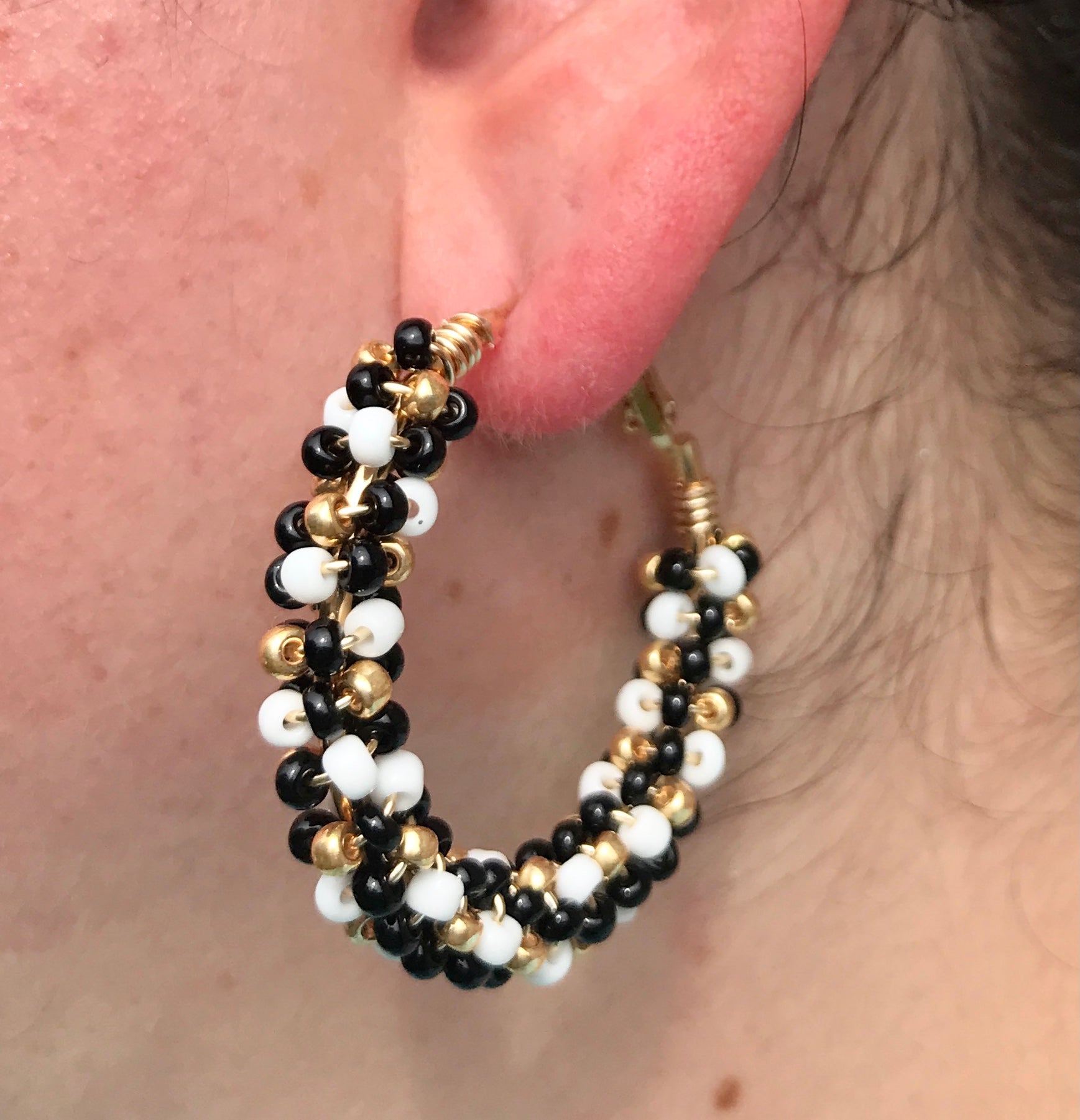 Black and Gold Saints Bead Wrapped Hoops