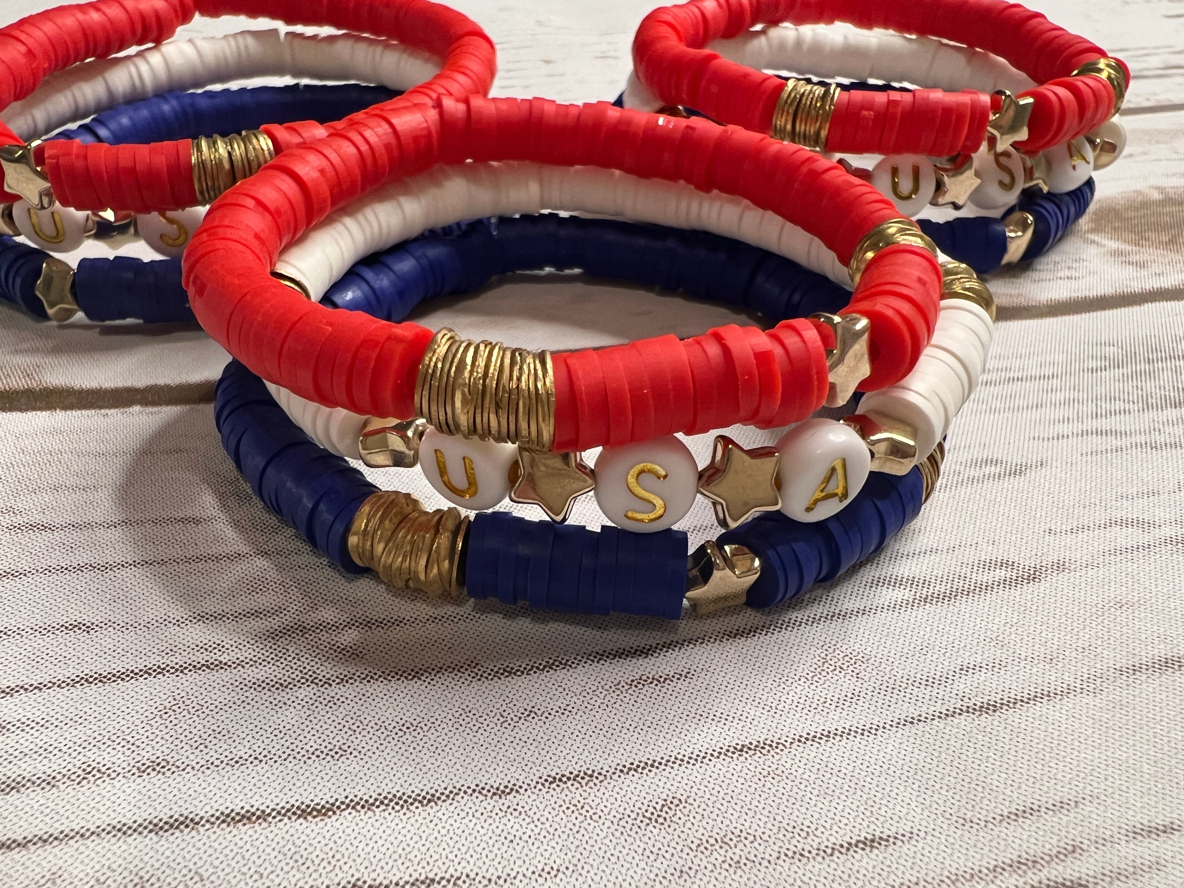 USA Heishi Bead Red White and Blue Bracelet Stack