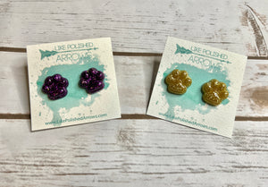 Purple and Gold Paw Print Stud Earrings
