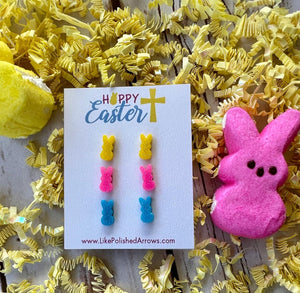 Easter Peeps Bunnies in Pink, Yellow and Blue  - Stud and Dangle Earrings
