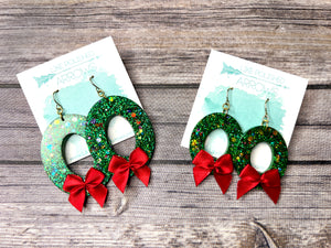 Christmas Wreath with Bow Glitter Resin Earrings