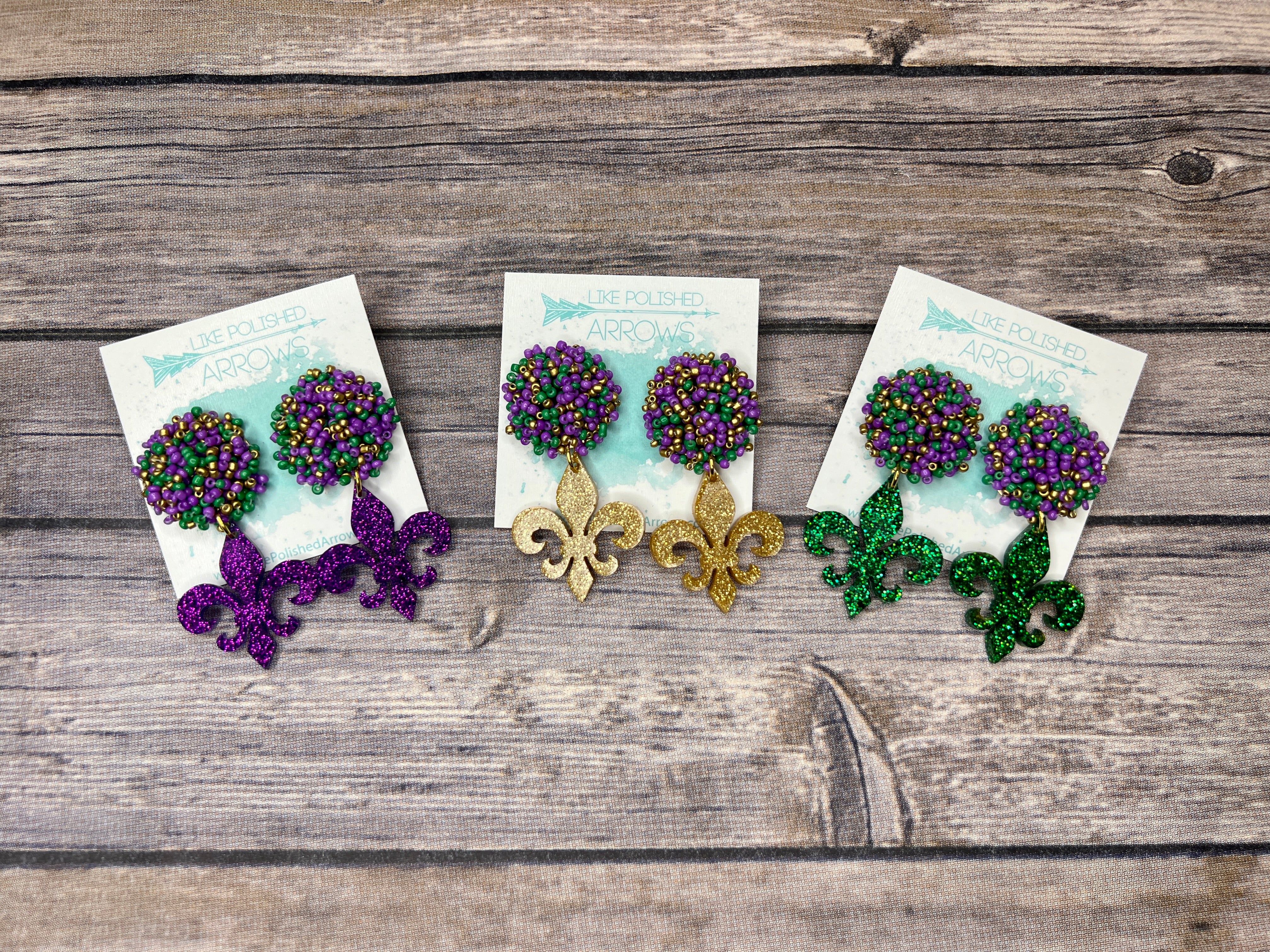 Mardi Gras Cluster Bead Fleur de Lis Dangle Earrings